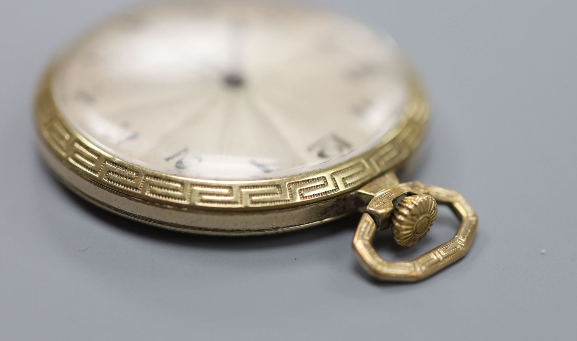 An early to mid 20th century gold filled Rolex keyless dress pocket watch, with Greek Key border, case diameter 44mm.